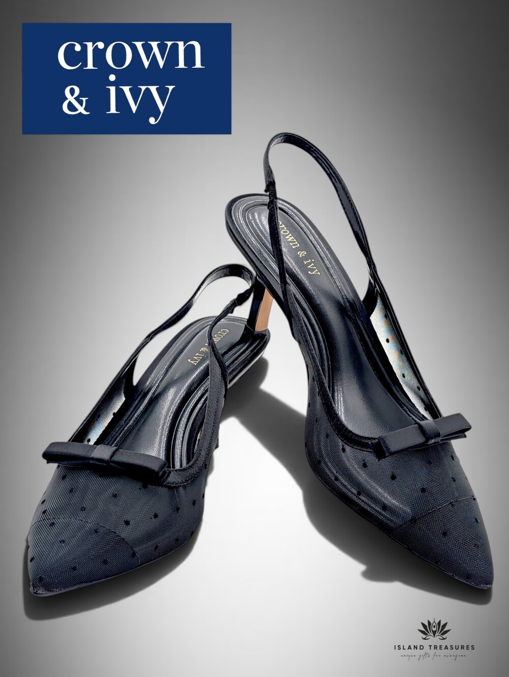 Crown & Ivy Sz 9 Remi Black Polka Dot Mesh Bow Slingback Kitten Heel Pointed Toe
